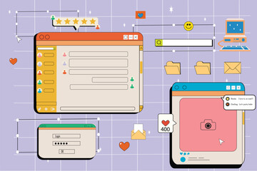 Y2k windows, retro screens in retrowave, vaporwave vintage style. Computer, social media and login interface, post, pc desktop icon, star rating bar and folder user interface elements,ux design