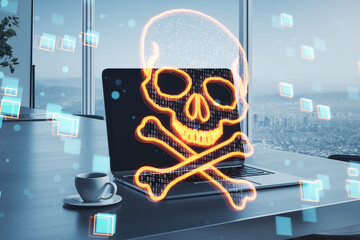 Poster - Close up of laptop on desktop with coffee cup, supplies, glowing digital binary code skull on blurry window with city view background. Hacking, piracy, malware and data theft concept. Double exposure.