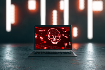 Poster - Close up of laptop with digital binary code skull on screen. Concrete wall with lights background. Hacking, piracy, malware and data theft concept. 3D Rendering.