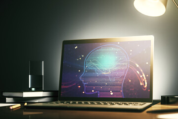 Poster - Modern computer screen with creative human head microcircuit. Future technology and AI concept. 3D Rendering