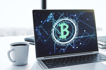 Poster - Modern computer display with creative Bitcoin symbol hologram. Mining and blockchain concept. 3D Rendering