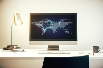 Aufkleber - Modern computer monitor with abstract digital world map with connections, research and strategy concept. 3D Rendering