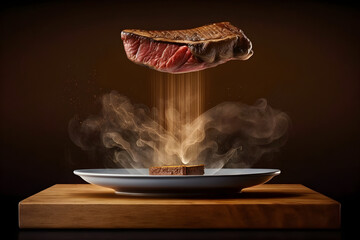 smoking steak flying over the ceramic plate, Generative AI