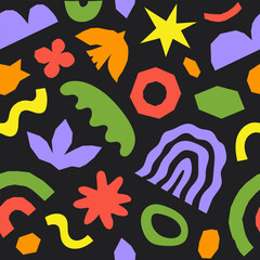Poster - Abstract seamless pattern with colorful geometric cutting doodles. Trendy random shapes on a black background. Vector illustration