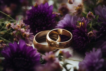 Two golden wedding rings lay atop a bed of purple flowers on a clean white background. Generative AI