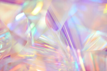 Poster - Blurred closeup of ethereal pastel neon pink, purple, lavender, orange, yellow holographic metallic foil background. Abstract modern surreal futuristic disco, rave, techno, festive dreamlike backdrop