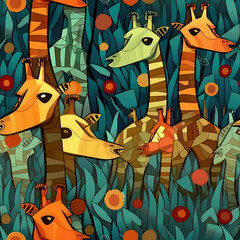 Poster - Giraffes seamless repeat pattern - fantasy colorful cubism, abstract art, trippy psychedelic [Generative AI]

