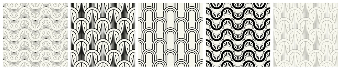 Vector seamless patterns set. Stylish linear ornaments. Geometric backgrounds with arches. Art deco thin and bold monochrome swatches. Tileable prints with linear arches and waves.