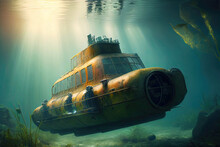 Submerged Vintage Yellow Submarine Underwater In Ocean (Generative AI)