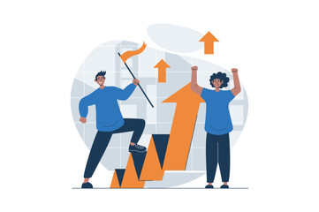 Poster - Teamwork web concept with character scene. Men working together, developing project and growing incomes. People situation in flat design. Vector illustration for social media marketing material.