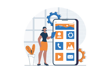 UI UX development web concept with character scene. Woman making wireframe template for mobile applications. People situation in flat design. Vector illustration for social media marketing material.
