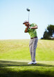© Kobus Tollig/peopleimages.com - Sports, golf swing and black man with stroke in game, match and competition on golfing course. Recreation, hobby and male athlete with club driver on grass for training, fitness and golfer practice