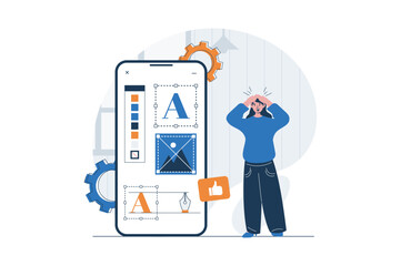 Aufkleber - Web design concept with character scene. Woman creating mobile layouts, drawing graphic elements with tools. People situation in flat design. Vector illustration for social media marketing material.