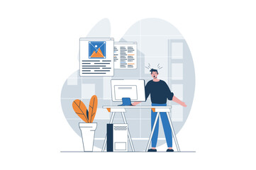 Poster - web design concept with character scene. man creating layouts and working with code, making optimiza