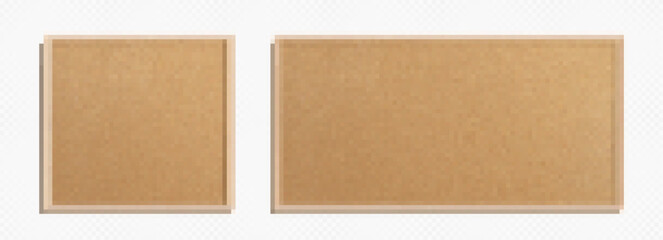 Poster - Isolated set of realistic 3d vector cork board with wood frame. Empty png wall corkboard with brown texture for school or office on transparent background. Business noticeboard design illustration.