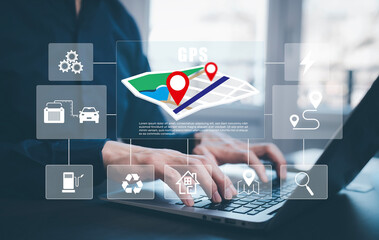 Poster - Man using Smartphone with virtual world and model map with location point, GPS app, icon Travel maps and find places in the online system, all screen graphics are generated, Searching for travel.