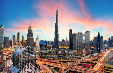 Wall Mural - Amazing skyline of Dubai City center and Sheikh Zayed road intersection, United Arab Emirates