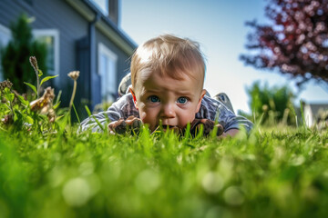 Wall Mural - Close up of an isolated baby crawling on the home garden