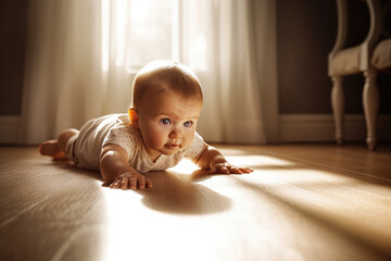 Wall Mural - Close up of an isolated baby crawling on the home floor