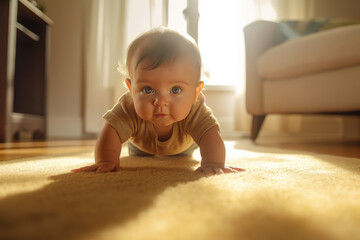 Wall Mural - Close up of an isolated baby crawling on the home floor