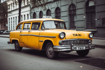 photo of yellow taxi in big city. urban background and gray city architecture buildings with yellow 