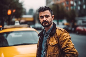 Portrait of handsome taxi driver outdoors. Close up of middle age taxi driver standing in front of yellow taxi. Generative AI