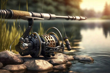 Wall Mural - Close fishing reel on the nature background, Generative AI