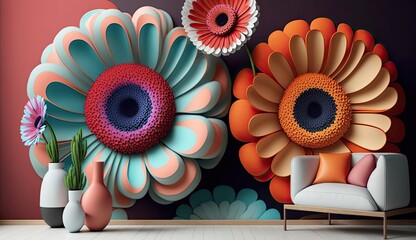 Wall Mural - Hall interior with 3d colorful wall art flowers, decor on a large wall