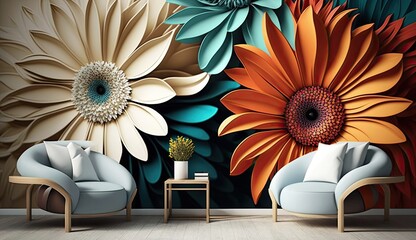 Wall Mural - Living room interior with 3d colorful wall art flowers, decor on a large wall