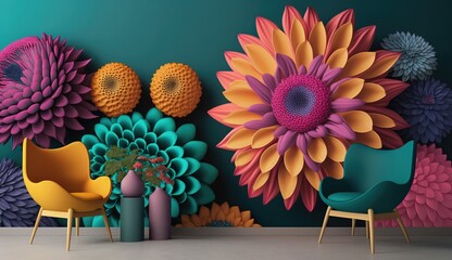 Wall Mural - Living room interior with 3d colorful wall art flowers, decor on a large wall