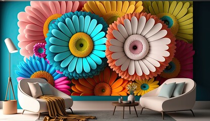 Wall Mural - Living room interior with 3d colorful wall art flowers, decor on a large wall