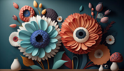 Wall Mural - Living room interior with 3d colorful wall art flowers, decor on a large wall