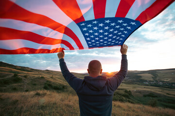 Man holding a waving american USA flag.