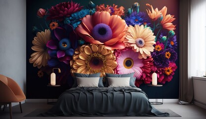 Wall Mural - Living room interior with 3d colorful wall art flowers, decor on a large wall