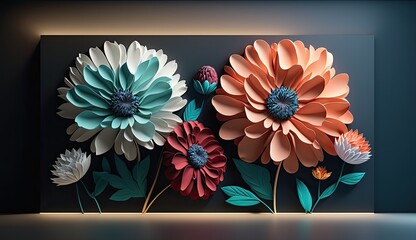Wall Mural - Living room interior with 3d colorful wall art flowers, decor on a large wall