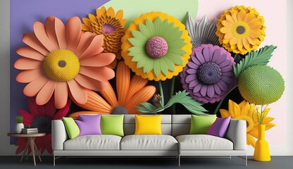 Wall Mural - Living room interior with 3d colorful wall art flowers, decor on a large wall