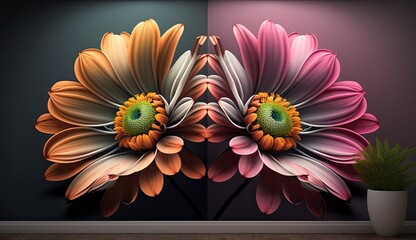 Wall Mural - Living room interior with 3d colorful wall art flowers, decor on a large wall, interior design