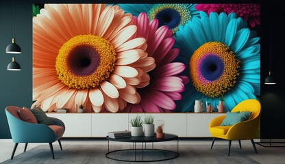 Wall Mural - Living room interior with 3d colorful wall art flowers, decor on a large wall