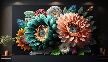 Wall Mural - Living room interior with 3d colorful wall art flowers, decor on a large wall