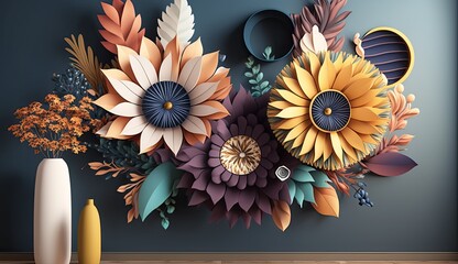 Wall Mural - Living room interior with 3d colorful wall art flowers, decor on a large wall