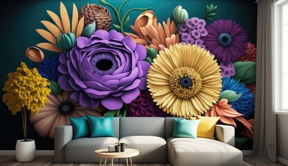 Wall Mural - Living room interior with 3d colorful wall art flowers, decor on a large wall