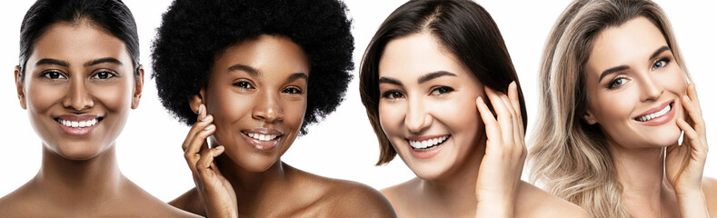Wall Mural - multi-ethnic diversity and beauty. group of different ethnicity women with beautiful white smiles.