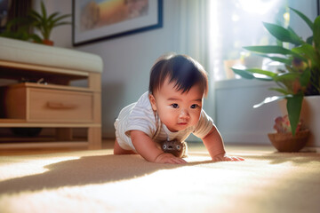 Wall Mural -  Close up of an isolated asiatic baby crawling on his home floor