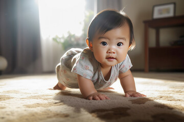 Wall Mural -  Close up of an isolated asiatic baby crawling on his home floor