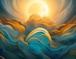 Serene clouds with sun, fantasy in cyan, gold, blue, background with cops space, generative AI