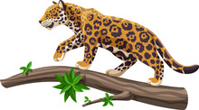 Jaguar Walking On A Tree Trunk Vector Illustration. Big Tropical Cat Jaguar Or Leopard On A Tree. Endangered Animal Species.