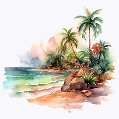 Wonderful tropical beach with palm tree. A beach scene with sea waves, some flowers and palm tree in background