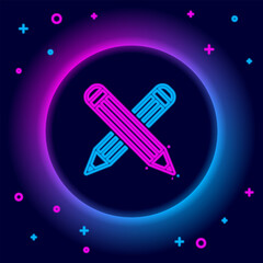 Wall Mural - Glowing neon line Crossed pencil icon isolated on black background. Education sign. Drawing and educational tools. School office symbol. Colorful outline concept. Vector