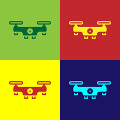 Poster - Pop art Drone flying icon isolated on color background. Quadrocopter with video and photo camera symbol. Vector