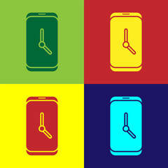 Poster - Pop art Alarm clock app smartphone interface icon isolated on color background. Vector